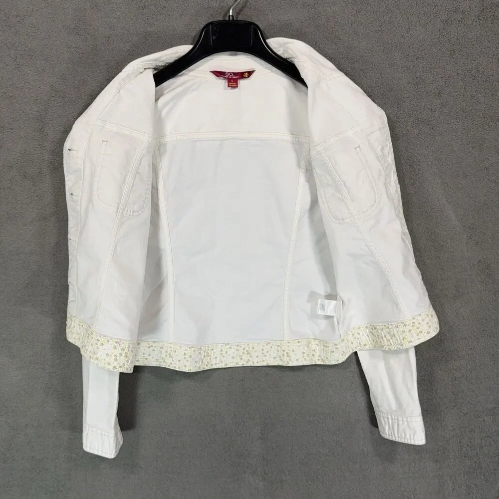 SO Women L White Denim Trucker Jacket Jean Crop Aesthetic Y2K Minimalist Chic - Picture 11 of 11